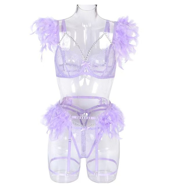 Metal Chain Feather Lace Garter Set - Garter Lingerie Set