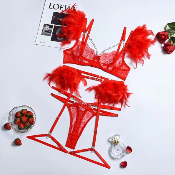 Metal Chain Feather Lace Garter Set - Garter Lingerie Set