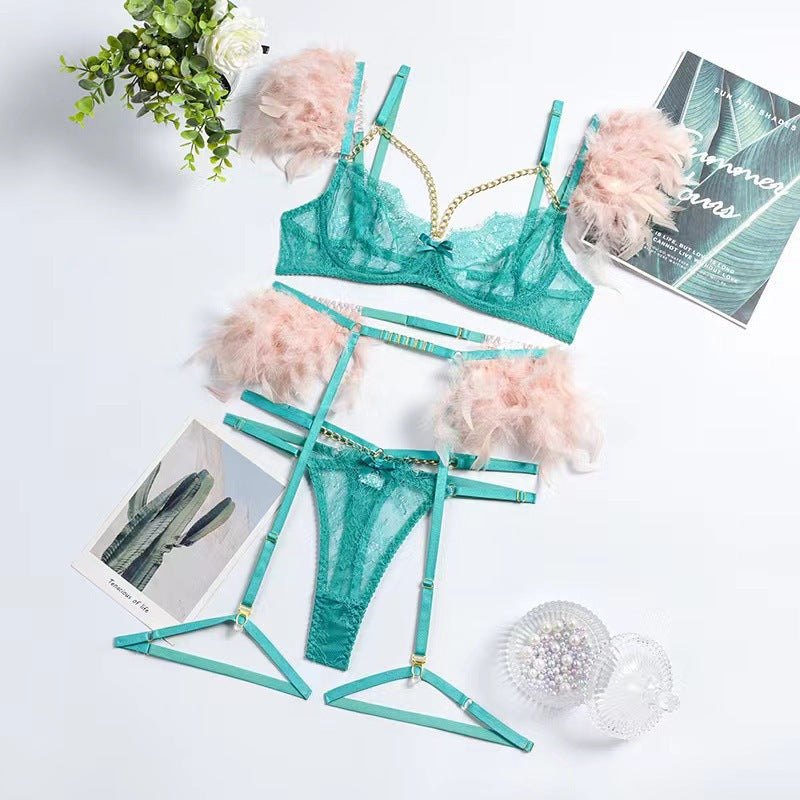 Metal Chain Feather Lace Garter Set - Garter Lingerie Set
