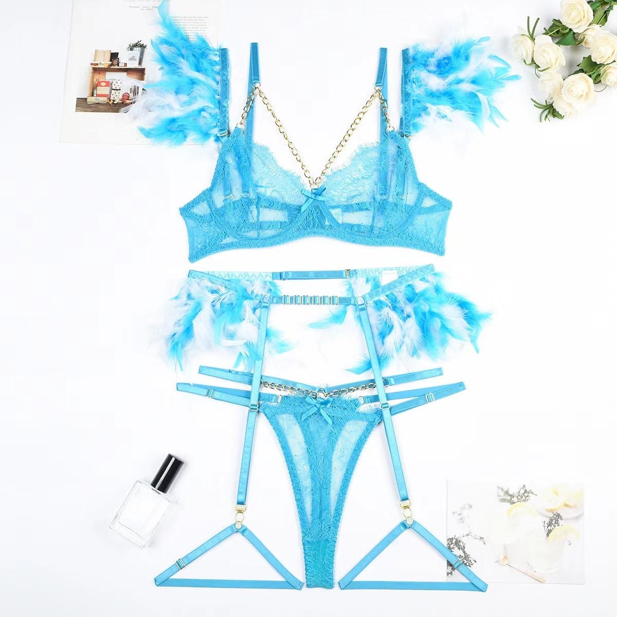 Metal Chain Feather Lace Garter Set - Garter Lingerie Set