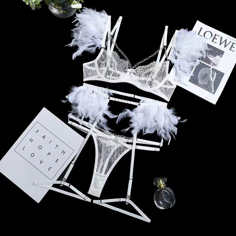 Metal Chain Feather Lace Garter Set - Garter Lingerie Set