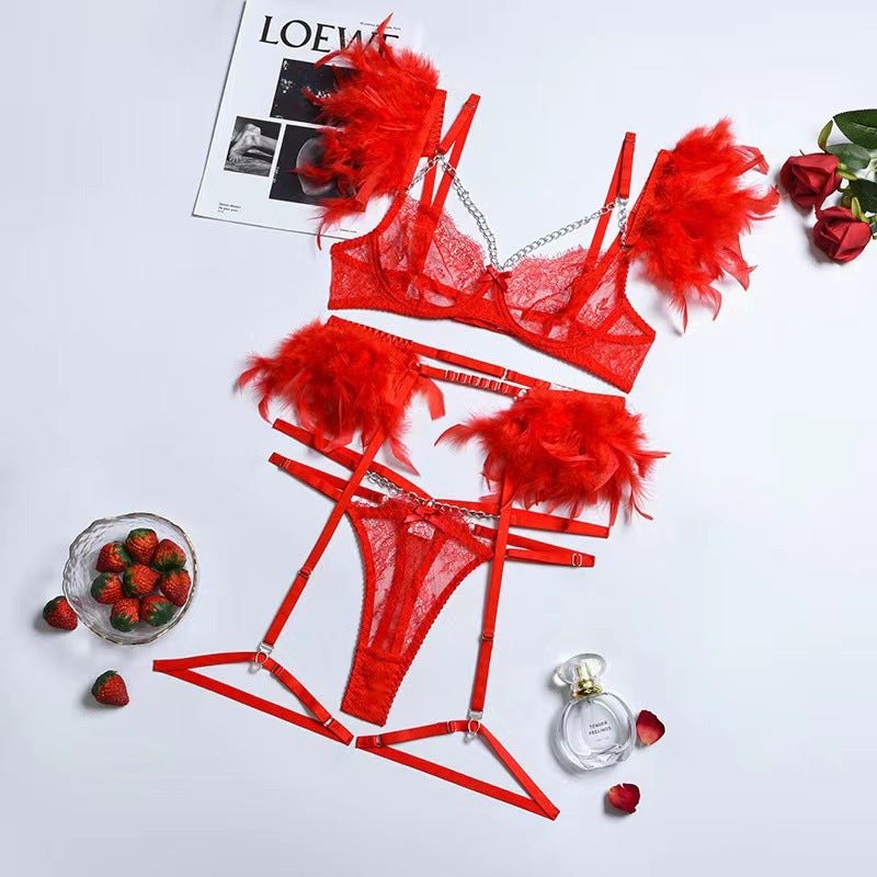 Metal Chain Feather Lace Garter Set - Garter Lingerie Set