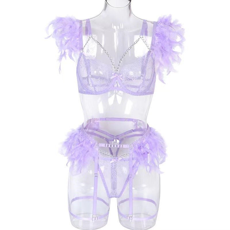 Metal Chain Feather Lace Garter Set - Garter Lingerie Set