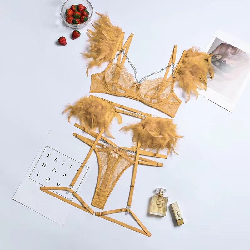 Metal Chain Feather Lace Garter Set - Garter Lingerie Set