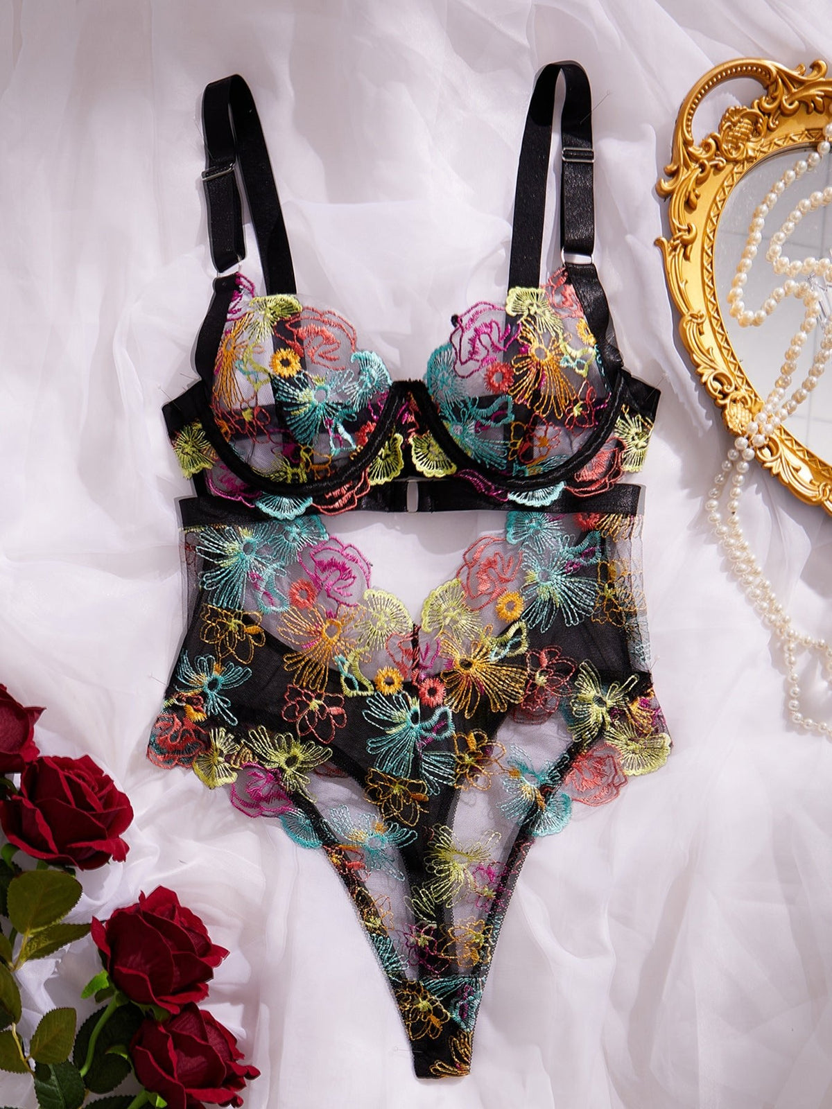 Multicolor Floral Embroidered Bodysuit - Sexy Bodysuit Lingerie