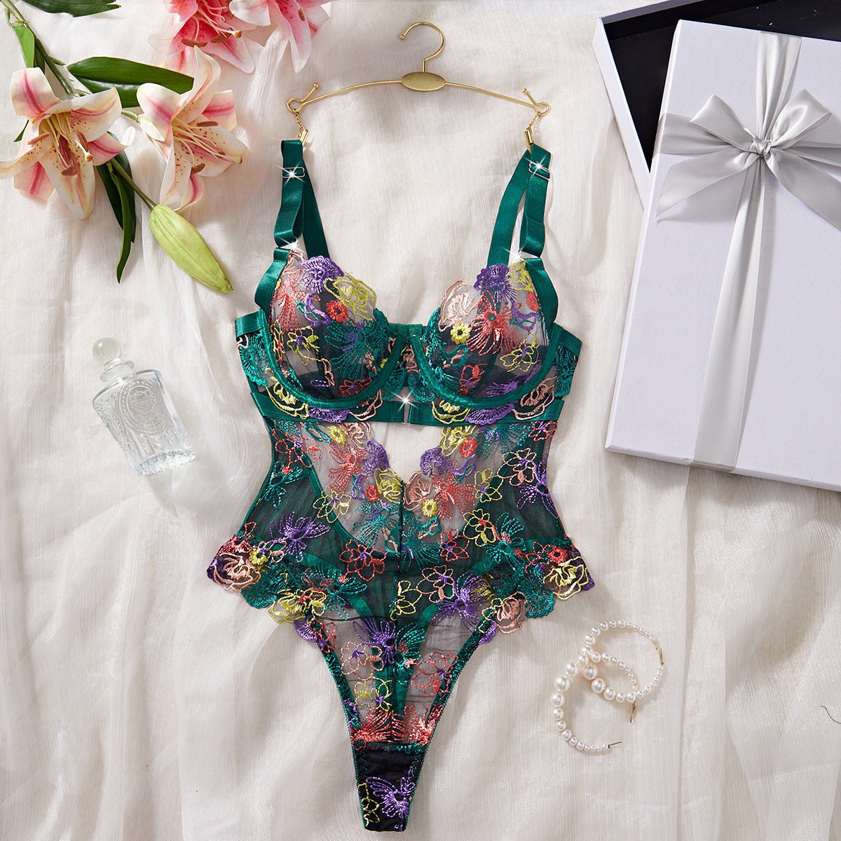 Multicolor Floral Embroidered Bodysuit - Sexy Bodysuit Lingerie
