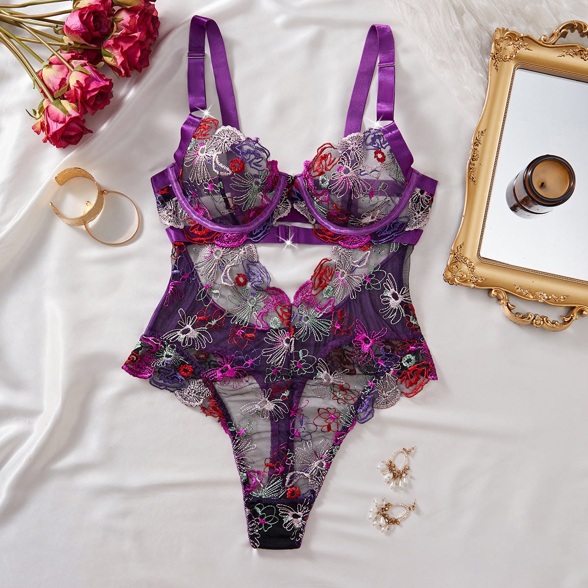 Multicolor Floral Embroidered Bodysuit - Sexy Bodysuit Lingerie