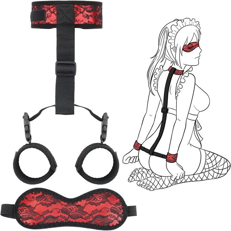 Neck to Wrist Cuffs with Blindfold - bdsm backcuffs restraint set