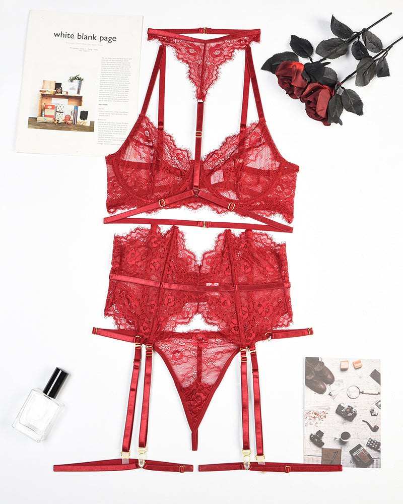 Neon Eyelash Lace Garter Set - Garter Lingerie Set