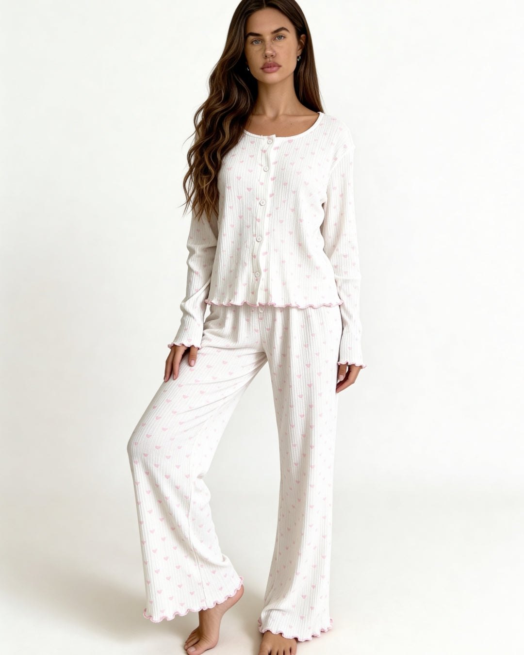 Neya Heart Print Pajama Set - Ribbed Sexy Pajamas Set