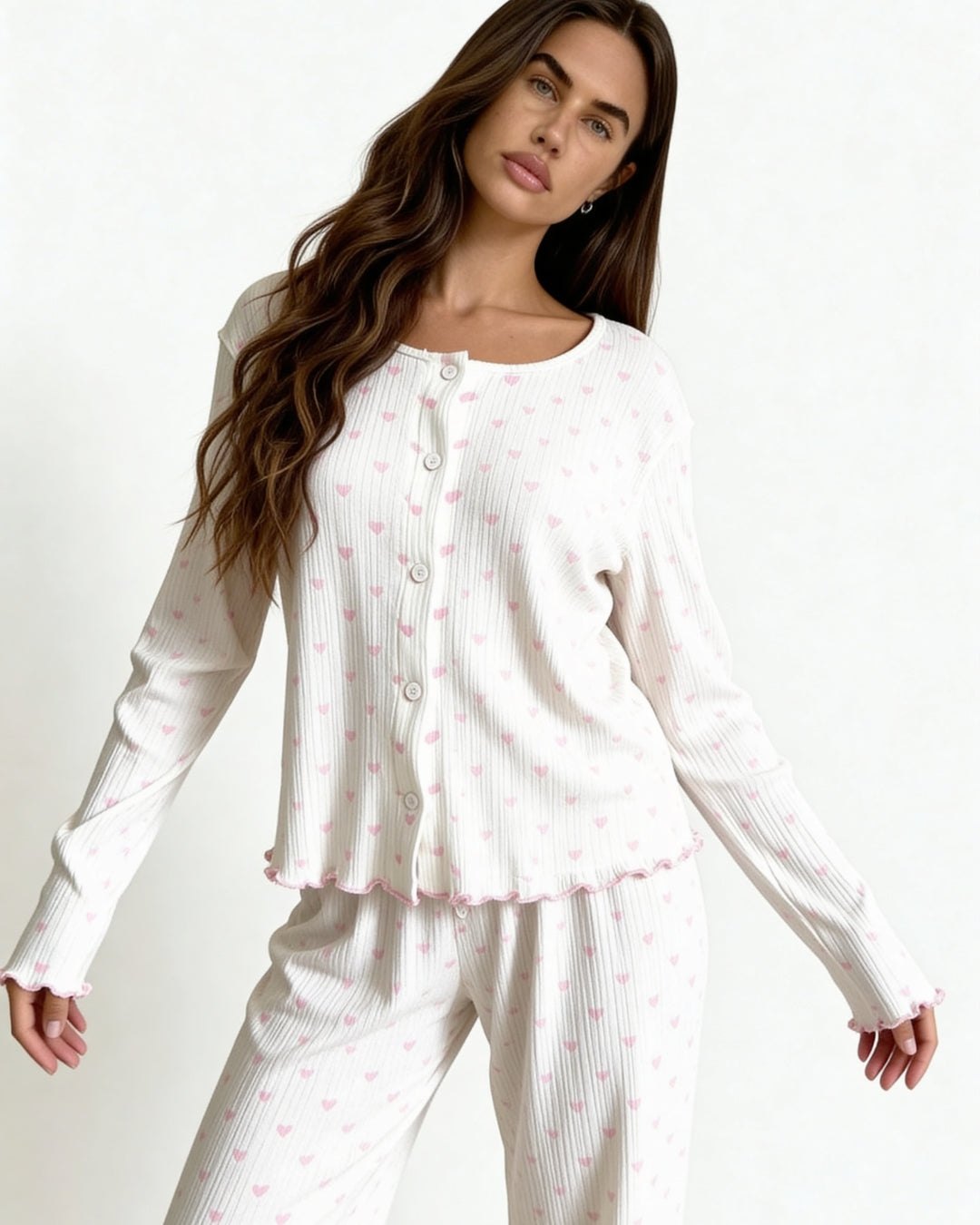 Neya Heart Print Pajama Set - Ribbed Sexy Pajamas Set
