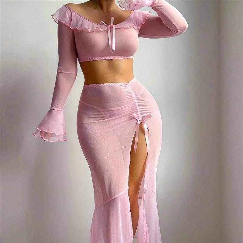Off-Shoulder Ruffle Crop Top Set - Bra and Panty Set
