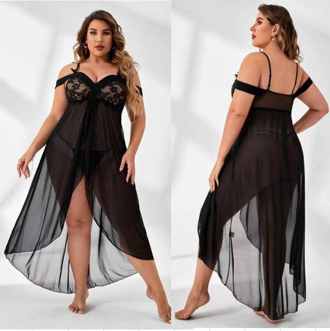 Off Shoulder Sheer Lace Chemise - Plus Size Lingerie