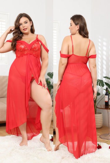 Off Shoulder Sheer Lace Chemise - Plus Size Lingerie