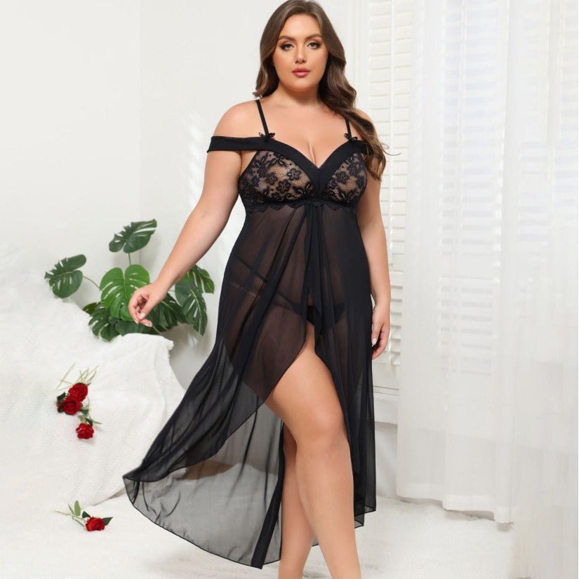 Off Shoulder Sheer Lace Chemise - Plus Size Lingerie