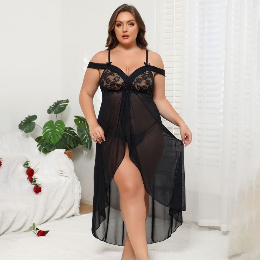 Off Shoulder Sheer Lace Chemise - Plus Size Lingerie