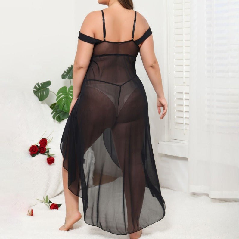 Off Shoulder Sheer Lace Chemise - Plus Size Lingerie