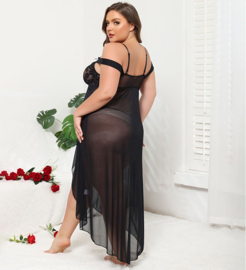 Off Shoulder Sheer Lace Chemise - Plus Size Lingerie