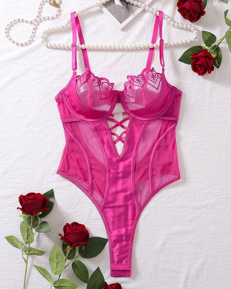 Open Cup Heart Embroidery Bodysuit - Lingerie Bodysuit for Women