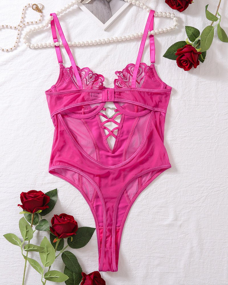 Open Cup Heart Embroidery Bodysuit - Lingerie Bodysuit for Women