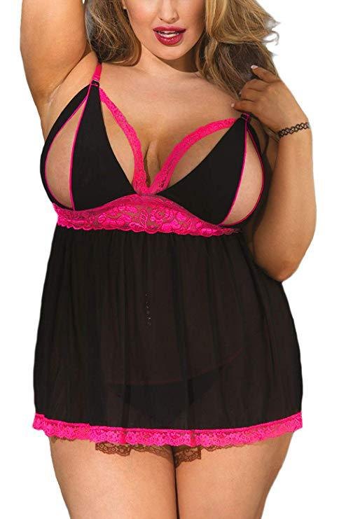 Open Cup Sheer Mesh Babydoll - Plus Size Lingerie