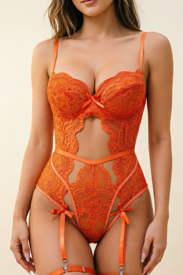 Lace Cutout Teddy with Garter - One Piece Lingerie