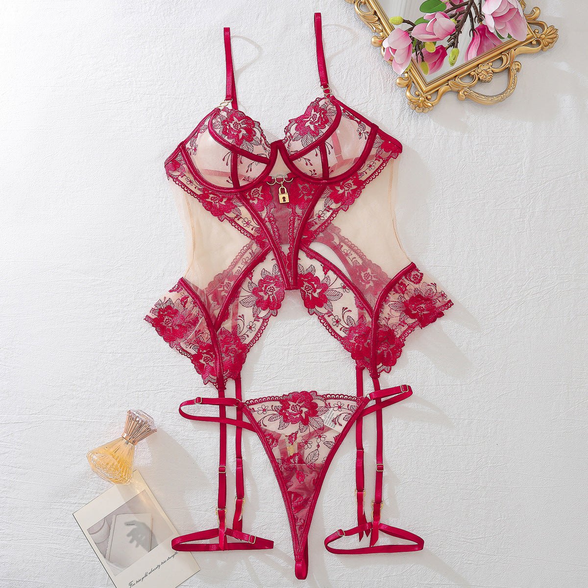 Padlock Charm Mesh Garter Set - Garter Lingerie Set