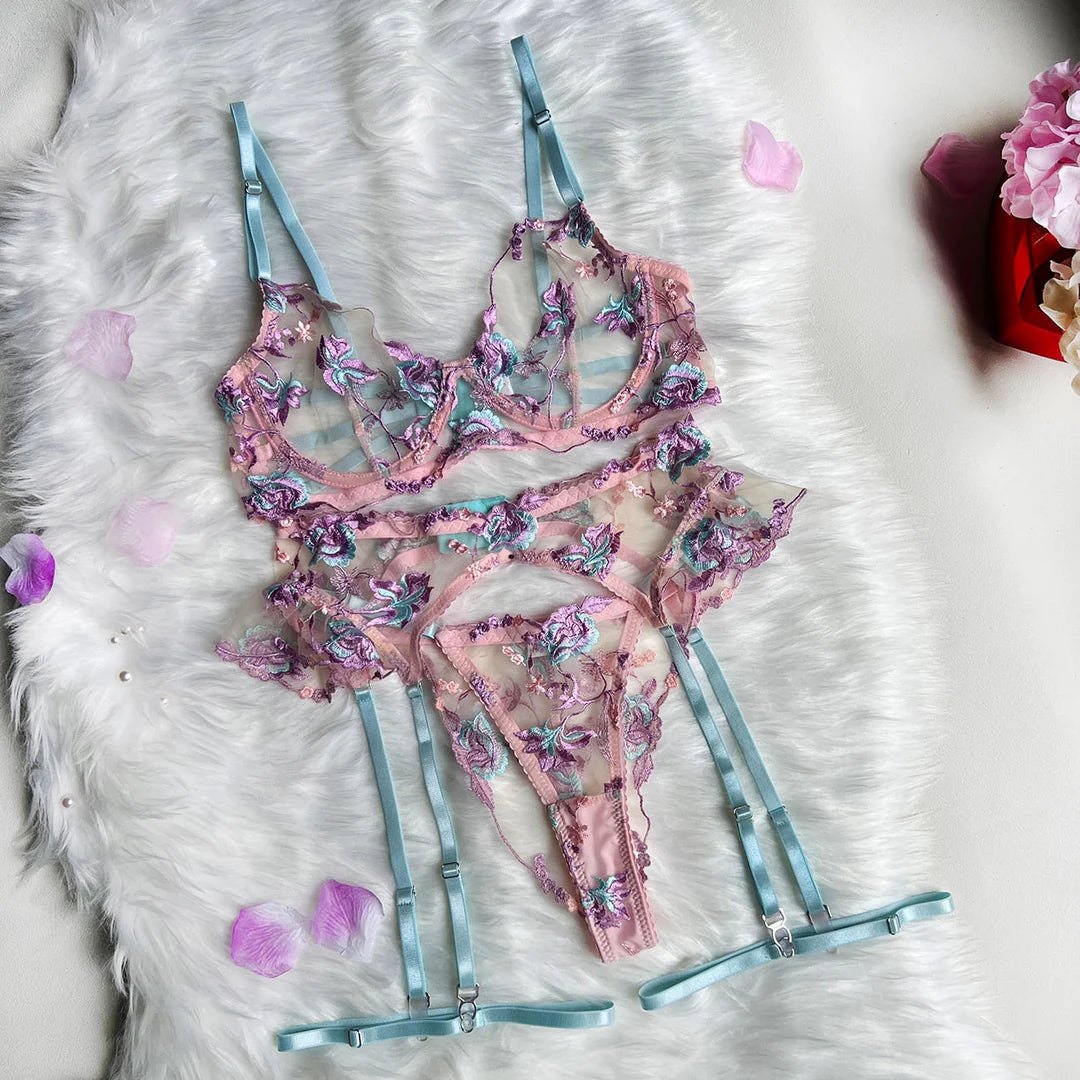 Pastel Floral Embroidery Garter Set - Garter Lingerie Set