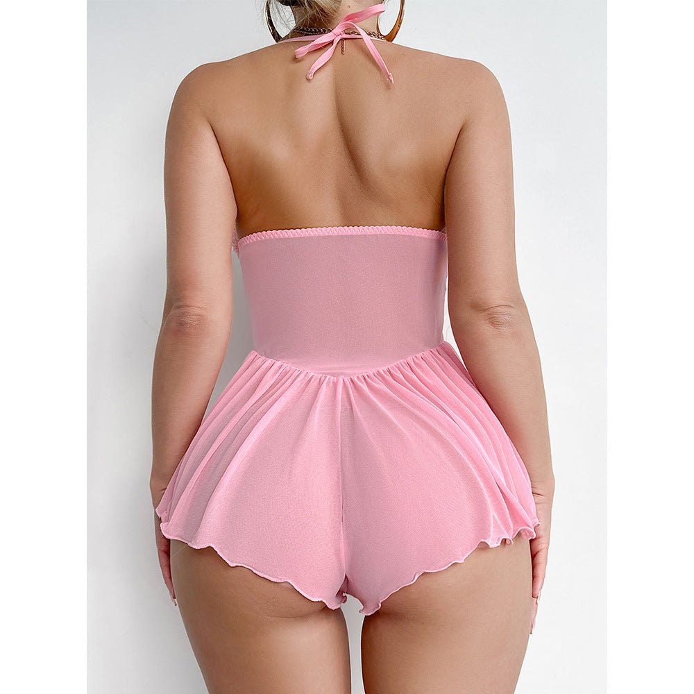 Pink Bow Halter Lace Jumpsuit - Lingerie Bodysuit for Women