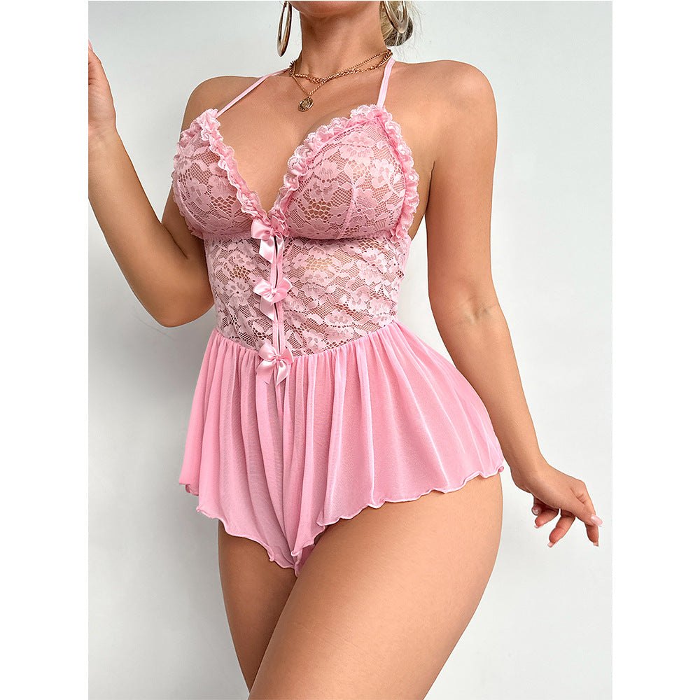 Pink Bow Halter Lace Jumpsuit - Lingerie Bodysuit for Women