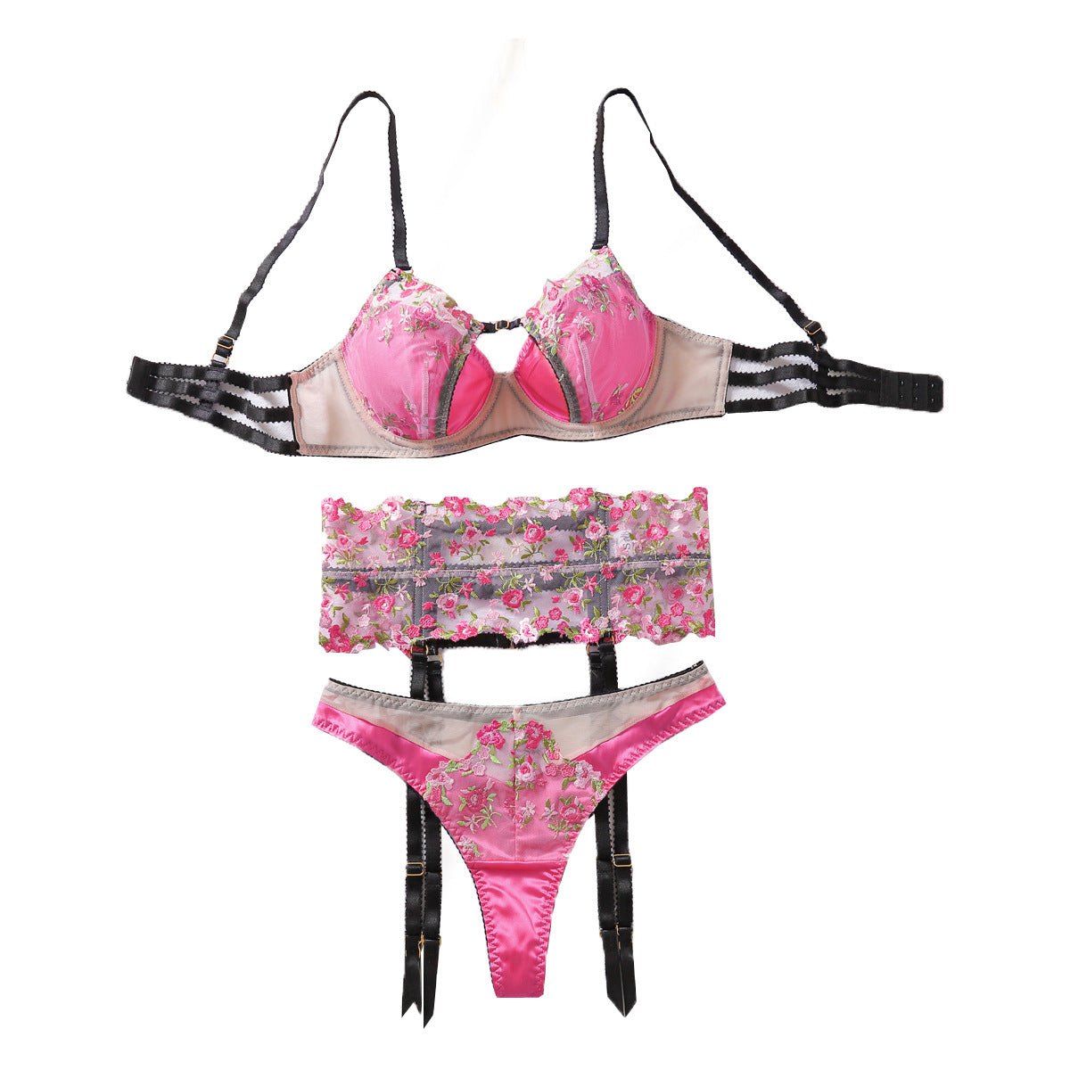 Pink Floral Embroidered Garter Trio - Bra and Panty Set