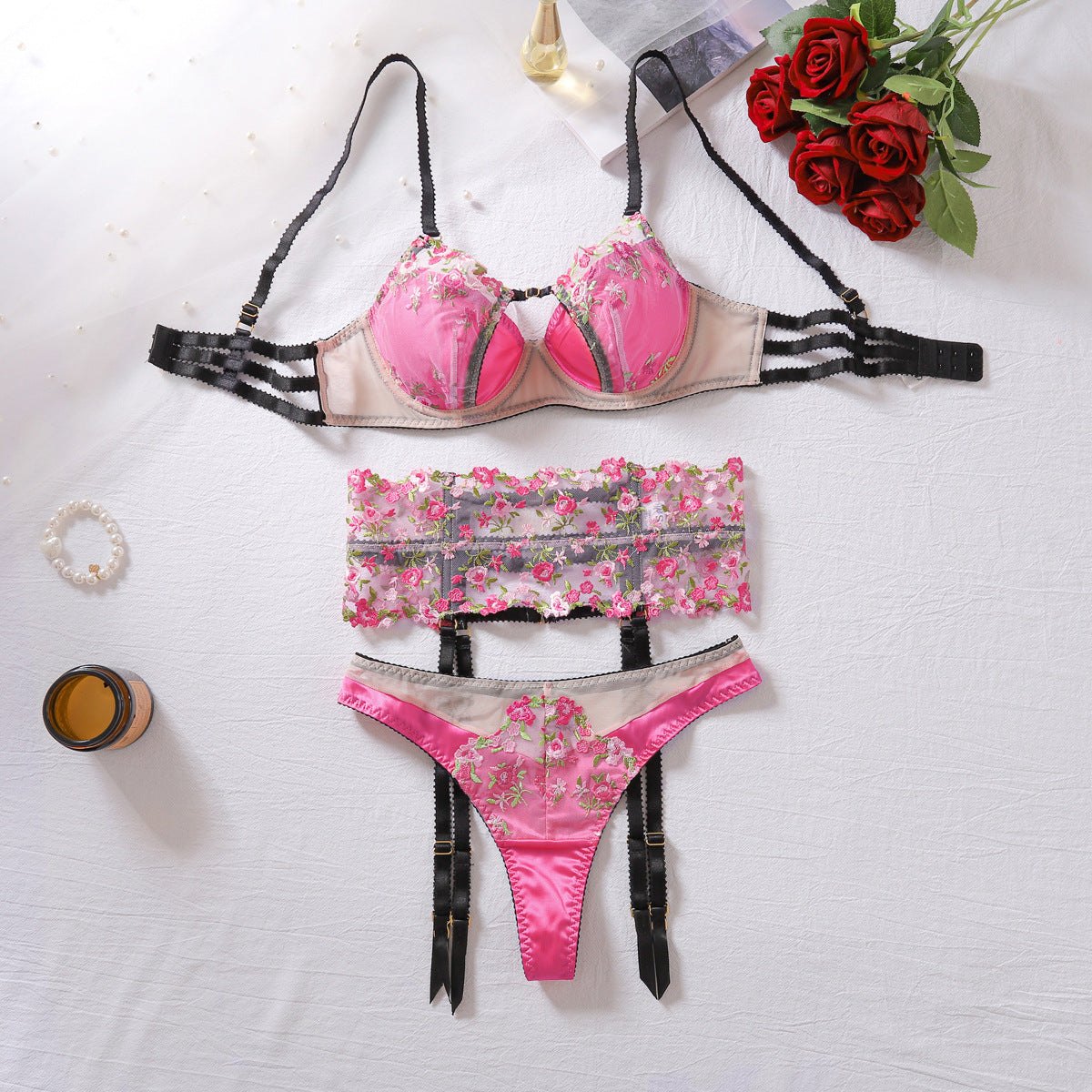 Pink Floral Embroidered Garter Trio - Bra and Panty Set