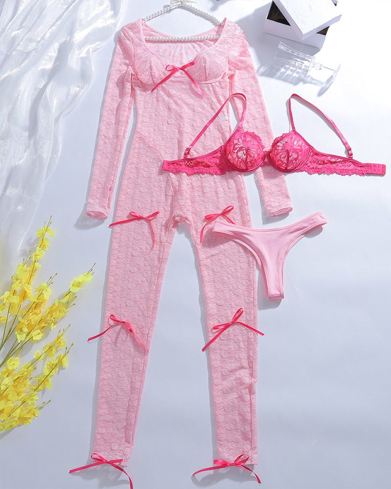 Lace Bow Long Sleeve Set - Sexy Pajamas for Women