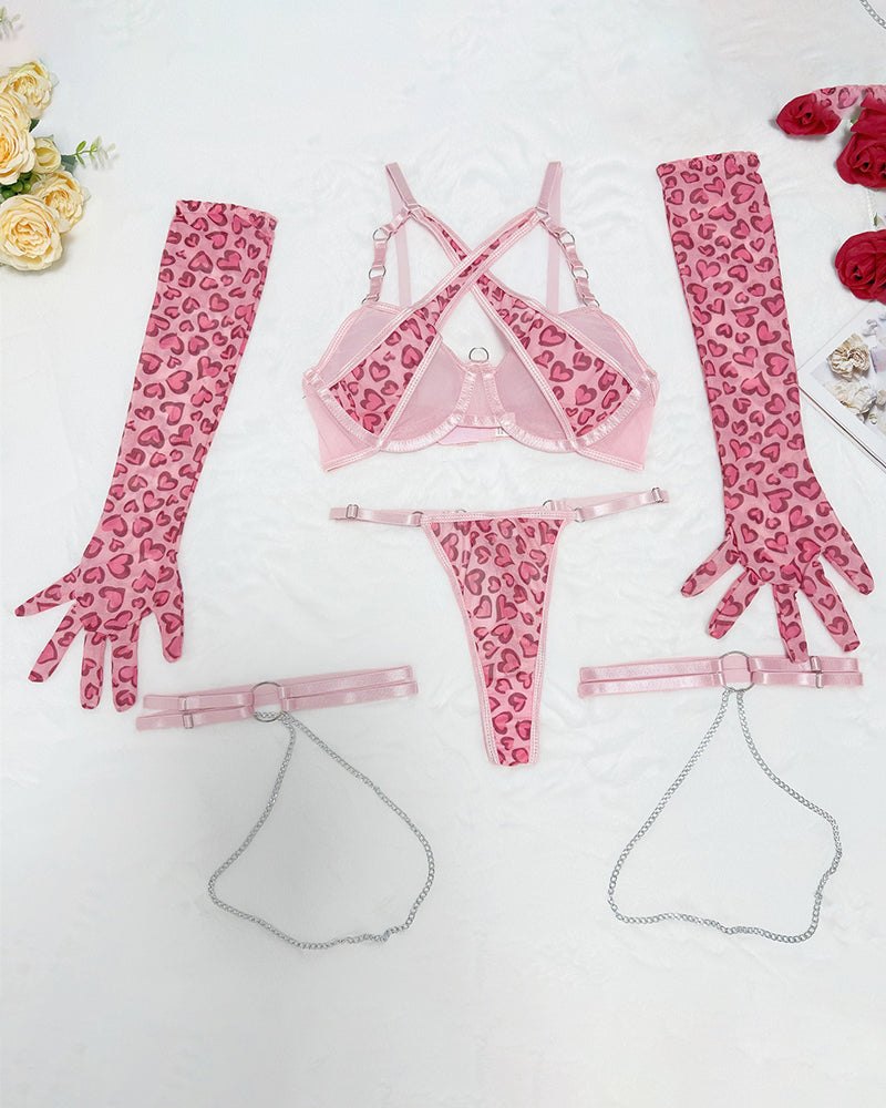 Leopard Heart Print Garter Set - Garter Lingerie Set