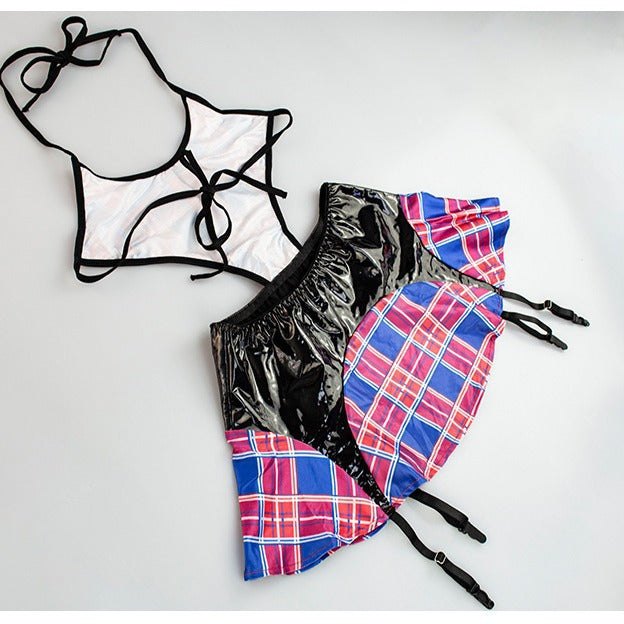 Plaid Faux Leather Roleplay Suit - Lingerie Costume for Women