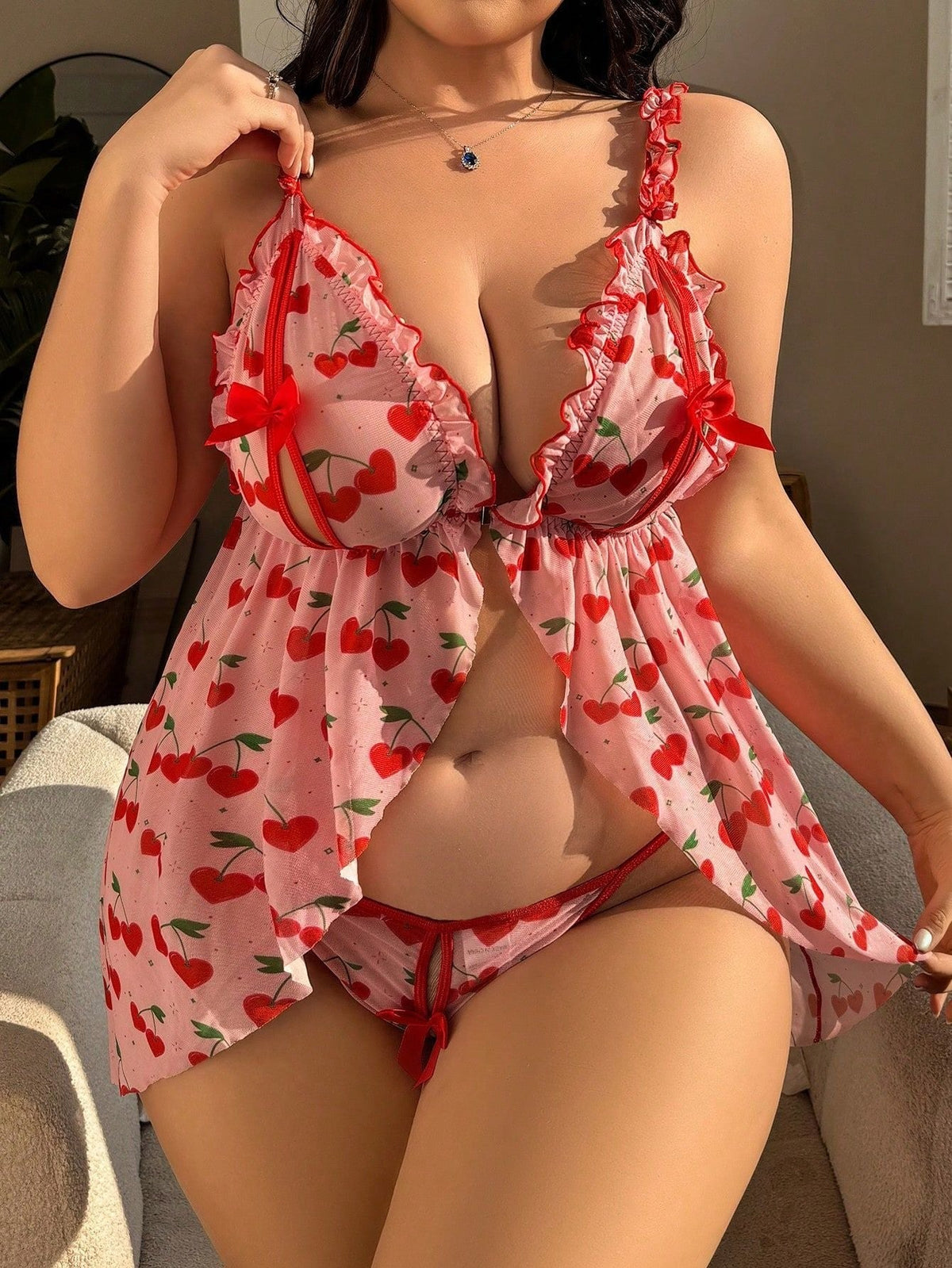 Cherry Heart Print Slip Dress - Plus Size Lingerie