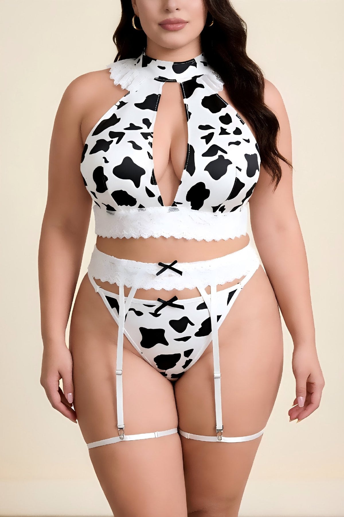 Plus Size Cow Print Garter Set - Garter Lingerie Set