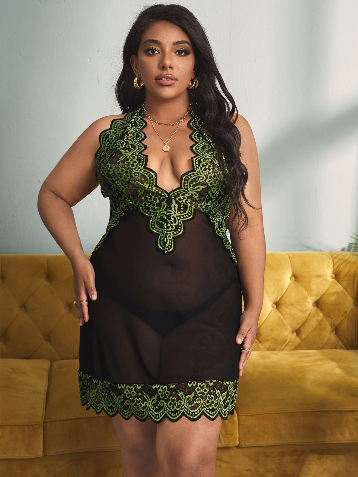 Plus Size Deep V Halter Nightdress - Sexy Nightgown Lingerie