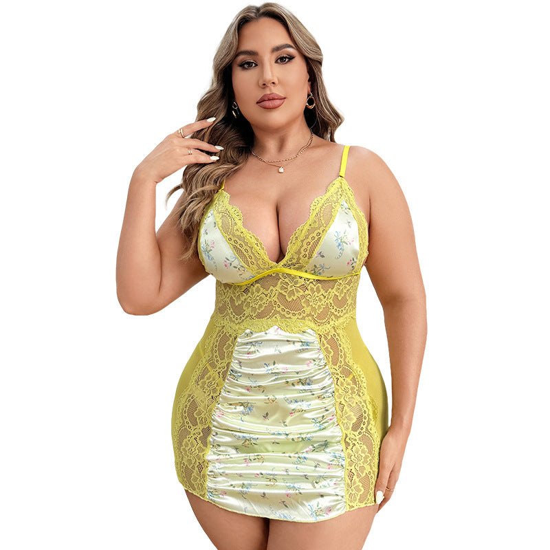 Plus Size Deep V Lace Sleep Dress - Sexy Nightgown Lingerie