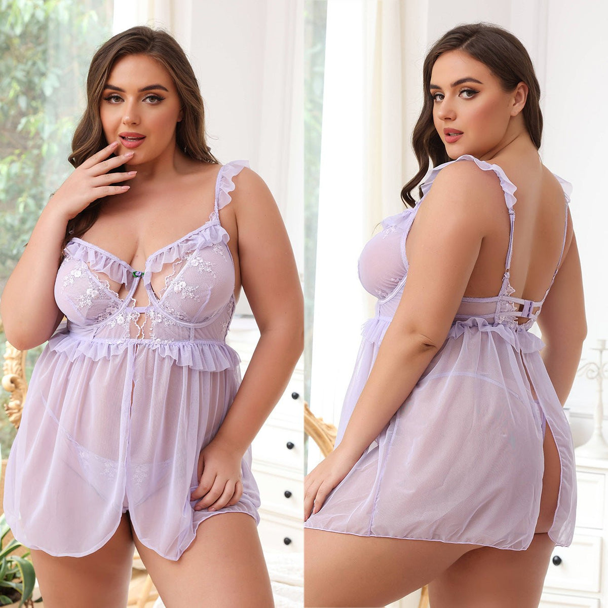 Plus Size Embroidered Lace Camisole Set - Sexy Babydoll Lingerie