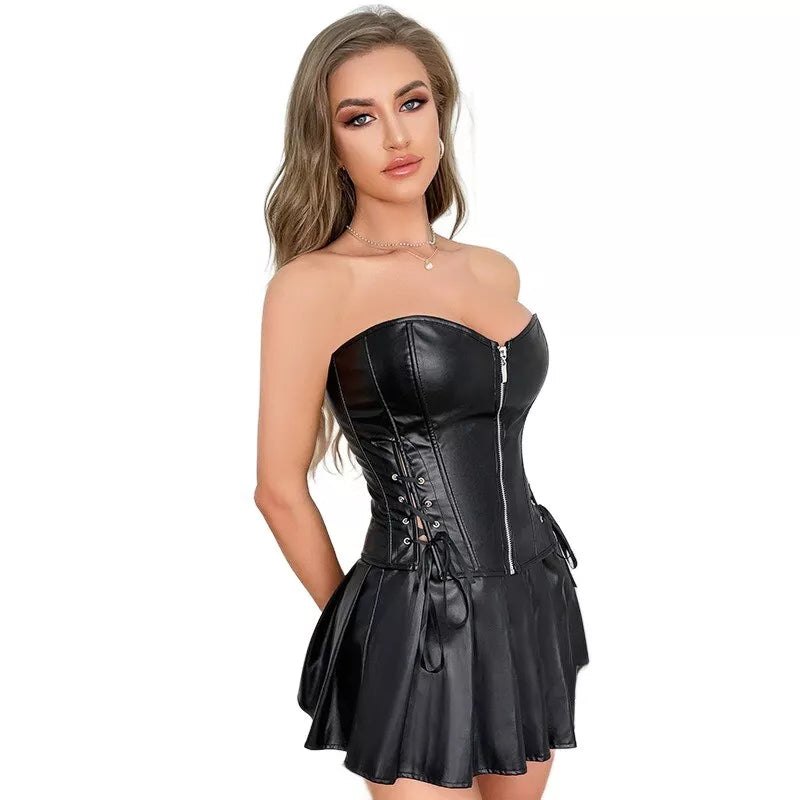 Plus Faux Leather Corset Set - Bustier Lingerie Top