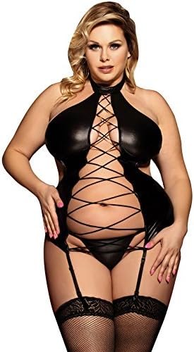 Plus Size Faux Leather Garter Teddy - One Piece Lingerie