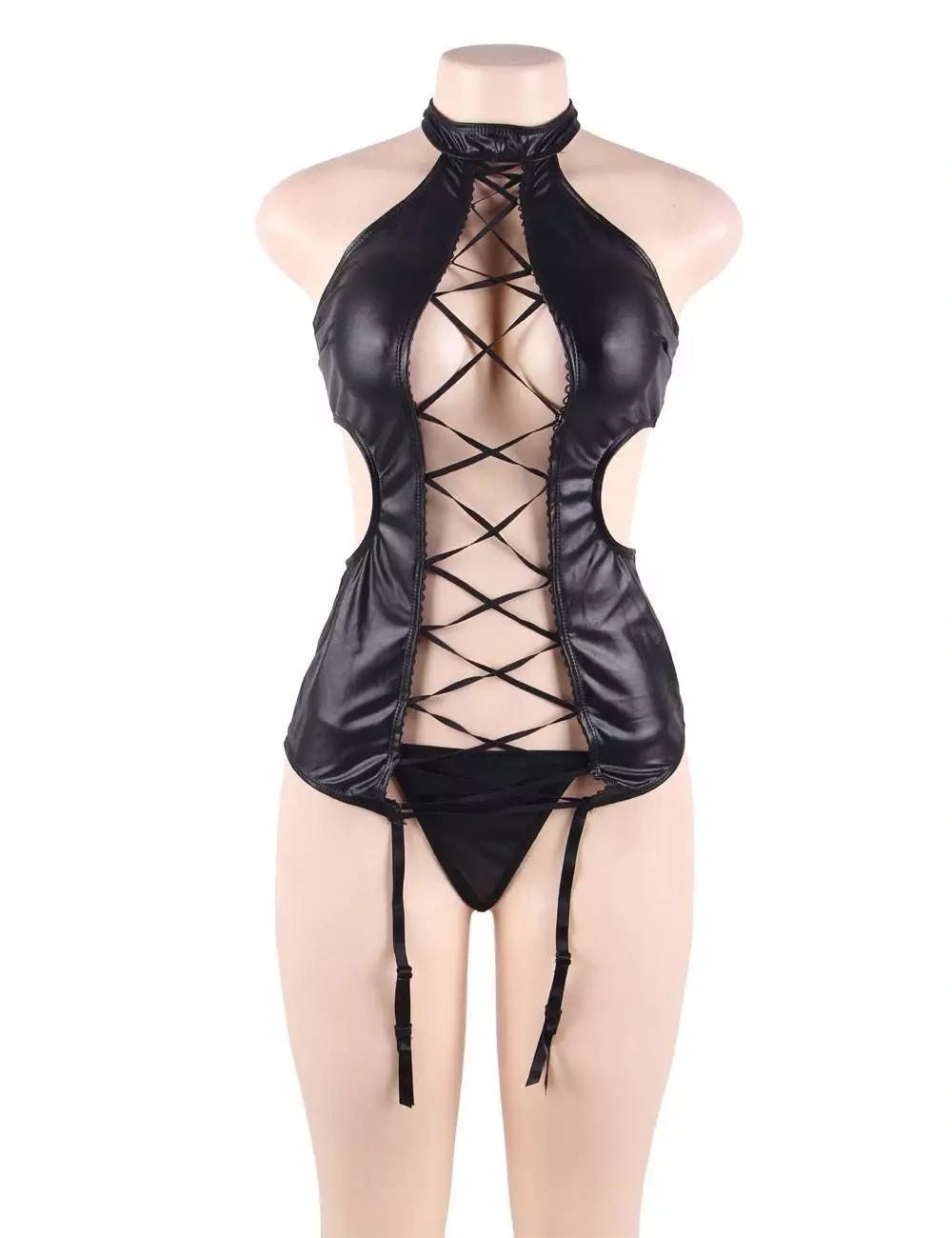 Plus Size Faux Leather Bodysuit - Lingerie Bodysuit for Women