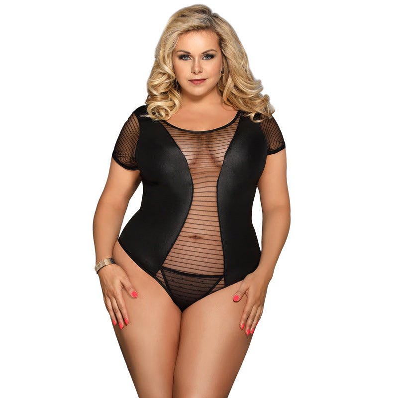 Plus Size Faux Leather Mesh Teddy - One Piece Lingerie