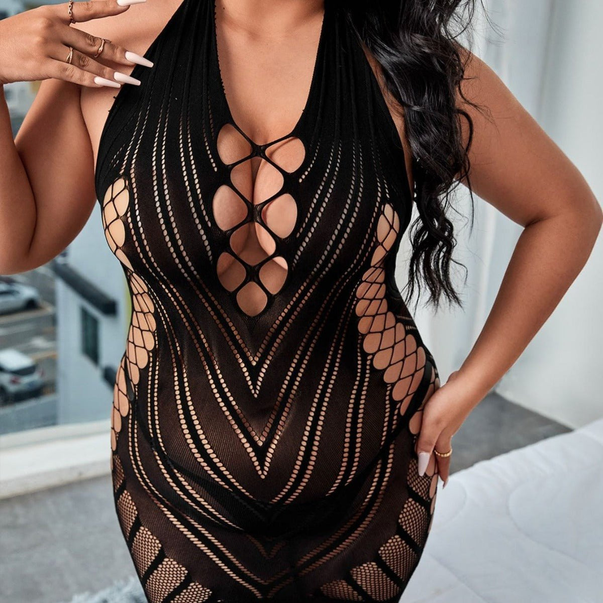 Plus Size Fishnet Halter Dress - Sexy Lingerie Dress