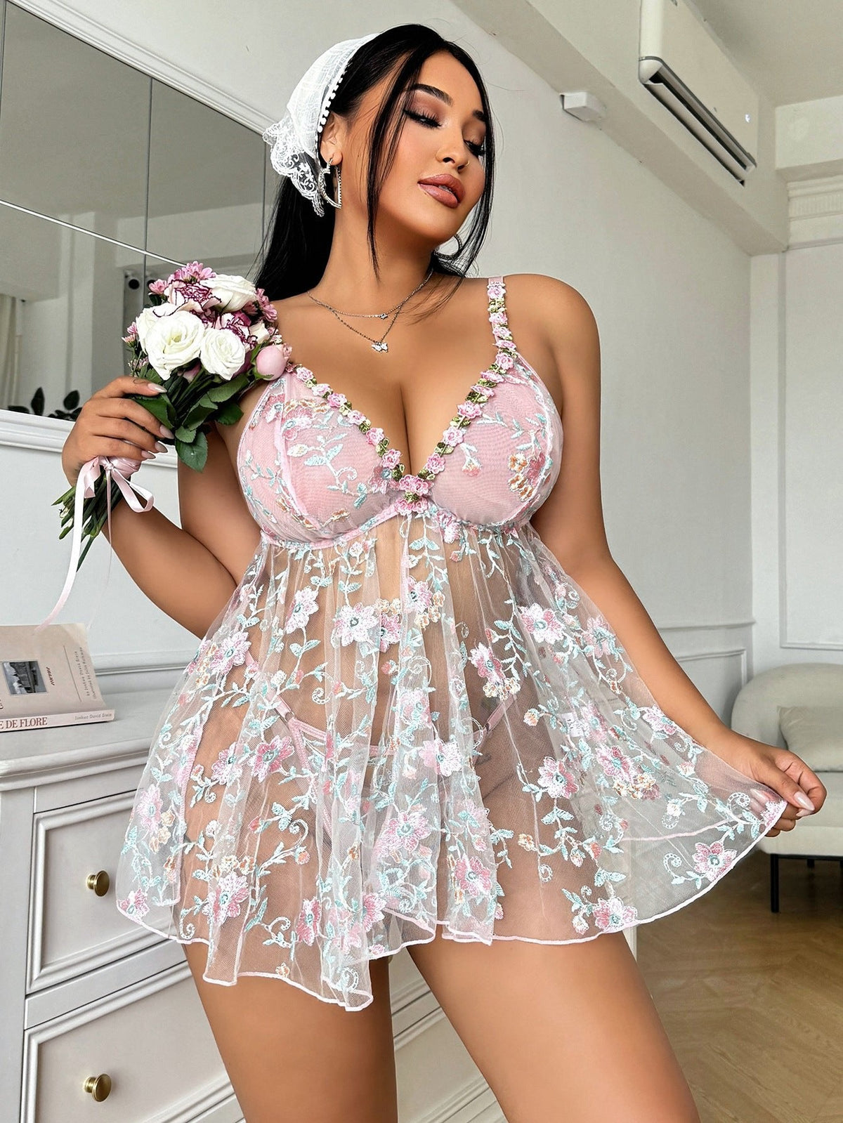 Plus Size Floral Deep V Babydoll - Sexy Babydoll Lingerie