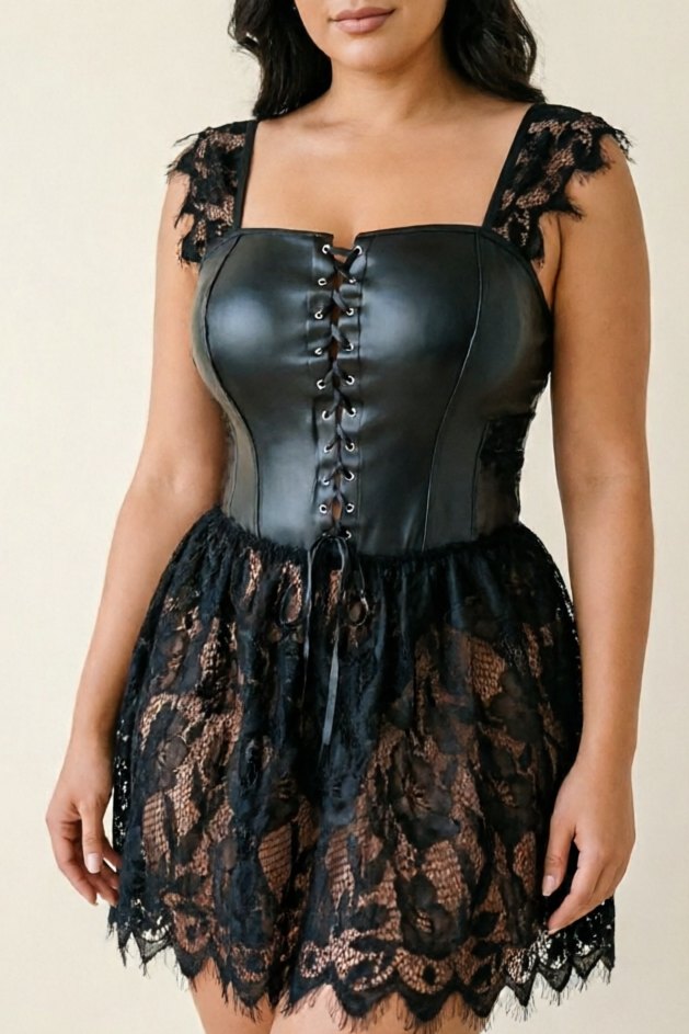 Gothic Lace-Up Corset Mini Dress - Plus Size Lingerie
