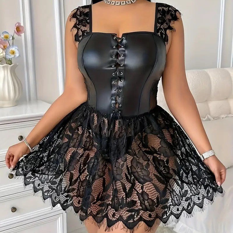 Gothic Lace-Up Corset Mini Dress - Plus Size Lingerie