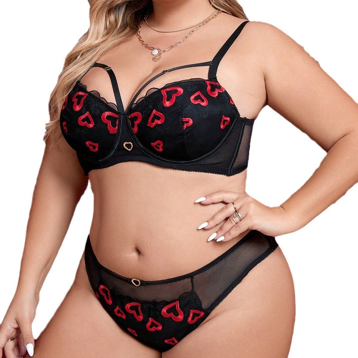 Plus Size Heart Embroidered Bra Set - Lingerie Set for Women