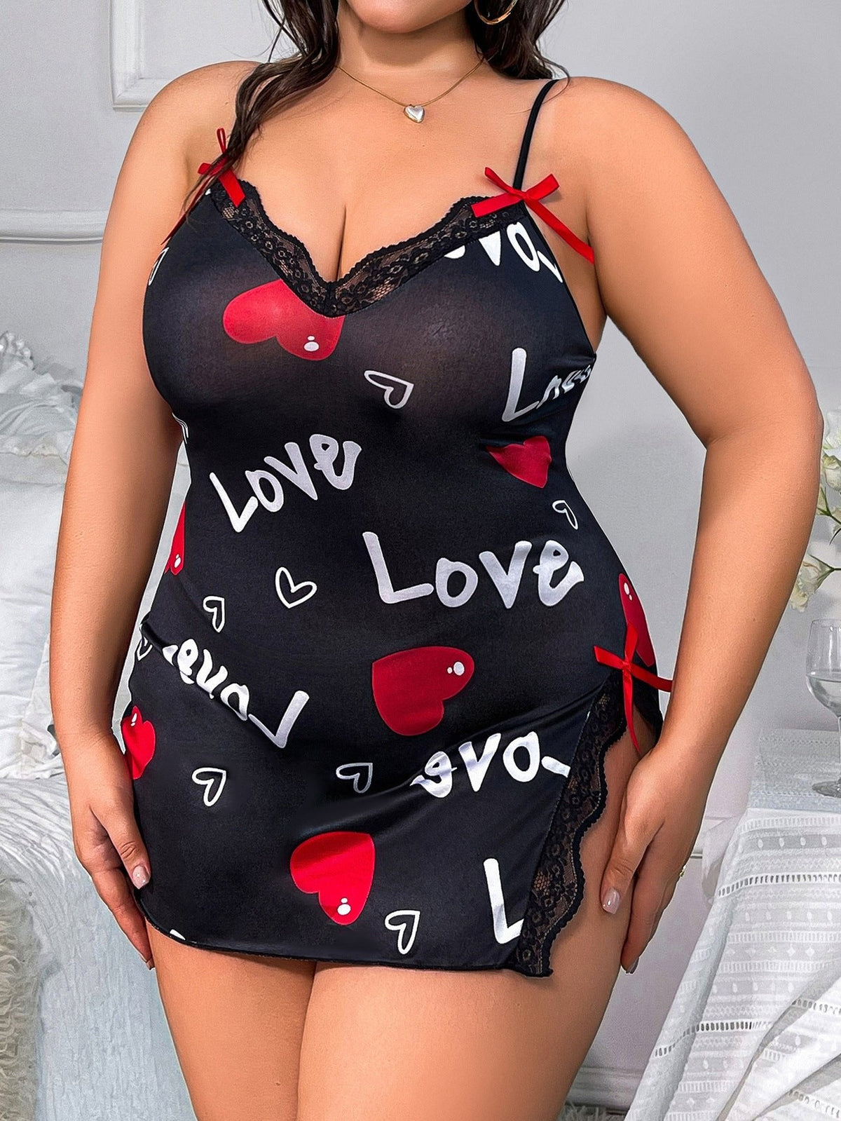 Heart Print Lace Trim Babydoll - Plus Size Lingerie